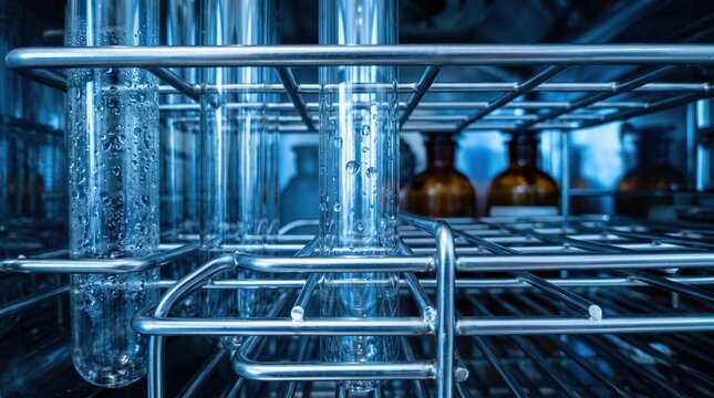 Laboratory glass tubes in sterilization chamber
