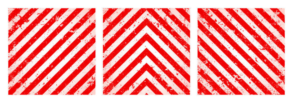 Warning sign with red and white diagonal lines. Attention, danger or caution symbol. Construction site signage, road safety notice, hazard banner, security alert shield. Vector illustration