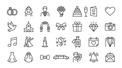 Fototapeta premium Wedding icons, marriage symbols, engagement signs, 40 line art graphics
