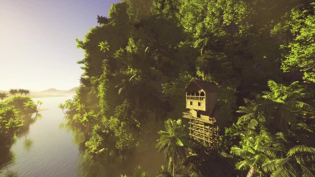 Lush Guatemalan jungle canopy house river, misty sunrise backlight, wooden treehouse perched among dense foliage, tranquil waterway below, secluded ecoretreat