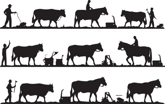 Silhouette of farmers with oxen and horses, plowing