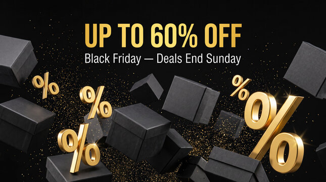 Black gift boxes falling with golden percent signs, discount price tag 60 percent off black friday sale, deals end this sunday. Promotional offer ecommerce marketing. Special promotion web banners.