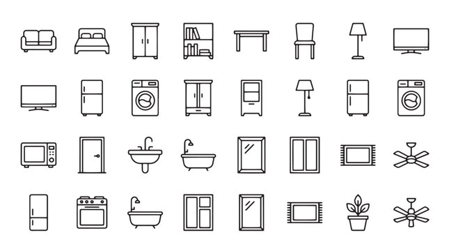 Interior design icons, home decor symbols, 25 line icons, furniture and household objects