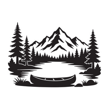 Mountain Lake Canoe Pine Forest Silhouette Vector Isolated on White Background