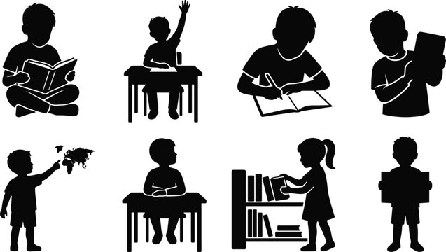 School children and students education silhouettes vector set featuring reading writing studying and classroom activities icons