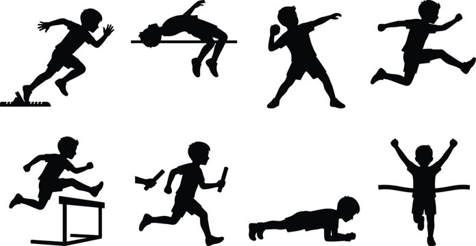 Kids track and field sports silhouettes vector set featuring running hurdling high jump and relay race icons