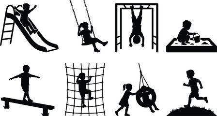 Children playing on playground equipment silhouettes set including slide swing monkey bars sandbox balance beam and climbing net © jamal