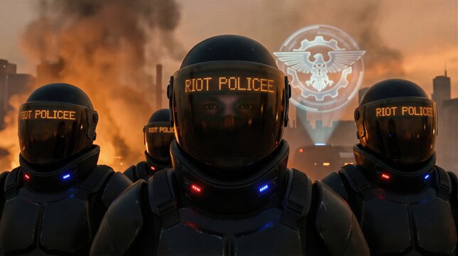 Group of soldiers wearing high tech helmet with digital display and glowing visor. Mind control, hypnosis and obedience of police squad in dystopian city. Future authoritarian regime concept.
