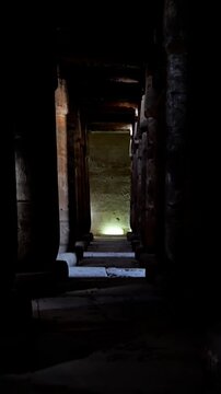 Timeless architectural scene inside the Abydos Temple with towering pillars and historic carvings, reflecting ancient spirituality. Egypt