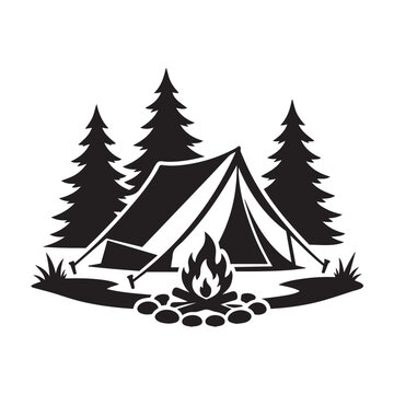 Camping Tent Campfire Pine Forest Silhouette Vector Isolated on White Background