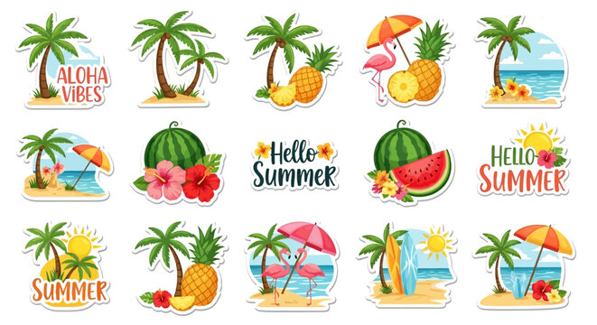 A vibrant collection of summer-themed stickers featuring tropical elements like palm trees, pineapples, watermelons, flamingos, and beach scenes with text 'Hello Summer' and 'Aloha Vibes'.