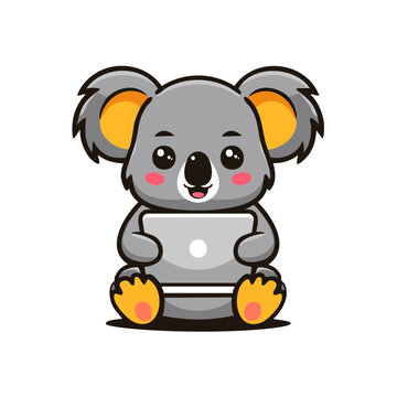 Cute cartoon koala bear using a laptop