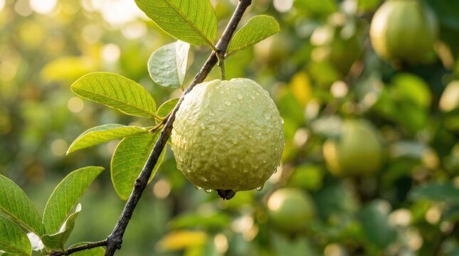 Fresh green guava hanging on a tree branch in an orchard with natural morning sunlight and bokeh