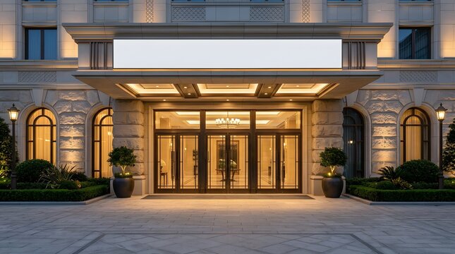 Luxury hotel entrance with white sign and stone facade at dusk