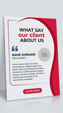 Modern testimonial layout with quote marks, client name, title, and a button, showcasing client feedback and agency credibility