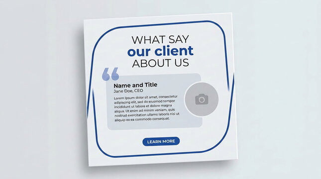 A clean testimonial mockup with quotation marks, text, a profile picture placeholder, and a call-to-action button, representing client feedback and business promotion