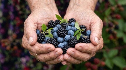 Elderly woman holding a handful of freshly picked blackberries and blueberries in her cupped hands.