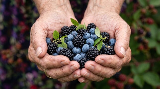 Elderly woman holding a handful of freshly picked blackberries and blueberries in her cupped hands.
