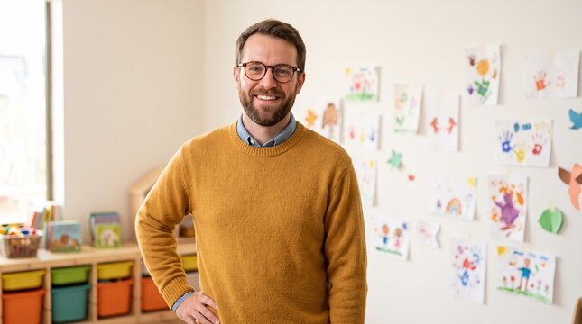 Kindergarten teacher standing in classroom against wall with child drawing. Male educator happy in modern preschool facility.