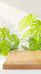 Fototapeta premium Wooden podium and lush green leaves, creating a natural, organic display, perfect for product showcasing or environmental themes