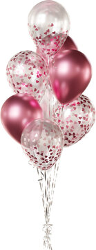 Realistic balloon bouquet with transparent, rose gold heart-shaped confetti, and rose gold balloons isolated on a transparent background. Romantic decoration for Valentine's Day and weddings.