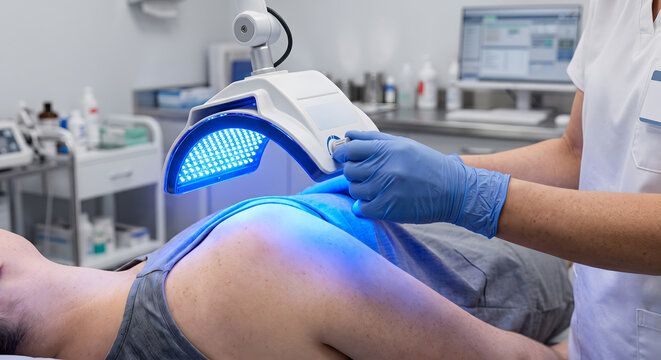 Medical professional using professional blue light therapy equipment on patient back during dermatological skin care treatment.