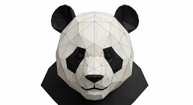 Modern Low Poly Giant Panda Head Digital Illustration Featuring Geometric Facets and Minimalist Monochrome Design on White Backdrop