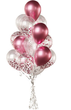 Realistic balloon bouquet with transparent, rose gold heart-shaped confetti, and rose gold balloons isolated on a transparent background. Romantic decoration for Valentine's Day and weddings.