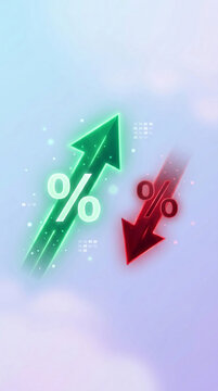 Glowing green and red arrows with percentage symbols indicate rising and falling trends, symbolizing finance and market fluctuation.