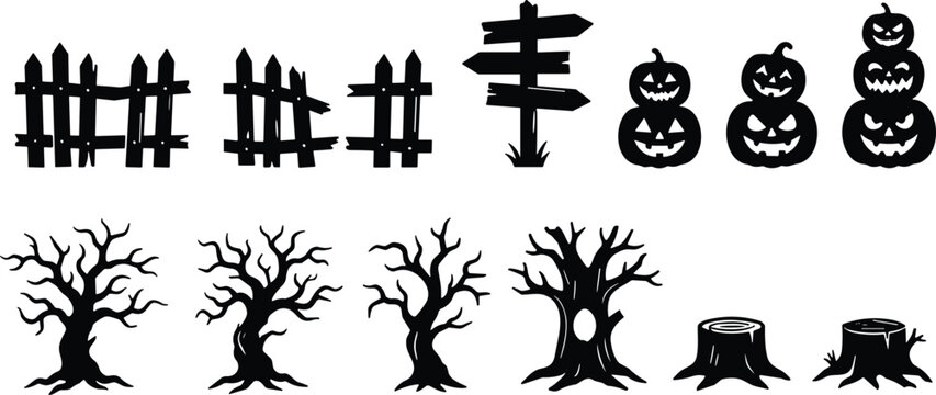 Halloween spooky silhouettes set featuring jack o lantern pumpkins bare trees wooden fence and signpost