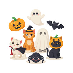 Fototapeta premium Collection of cute halloween characters including a pumpkin ghost bat cat in a witch hat vampire cat spider and a cat wearing a pumpkin costume