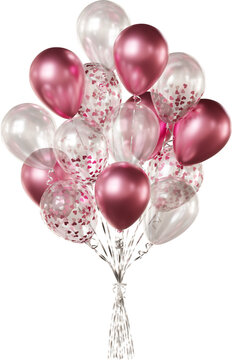 Realistic balloon bouquet with transparent, rose gold heart-shaped confetti, and rose gold balloons isolated on a transparent background. Romantic decoration for Valentine's Day and weddings.