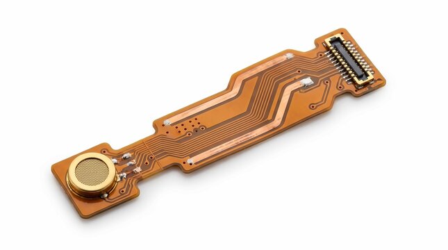 Small electronic flexible circuit board with a golden round microphone component on a white background