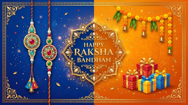 Happy Raksha Bandhan Festive Vector Background with Traditional Rakhi, Elegant Gift Boxes, and Marigold Toran Garland on Blue and Yellow Mandala Pattern