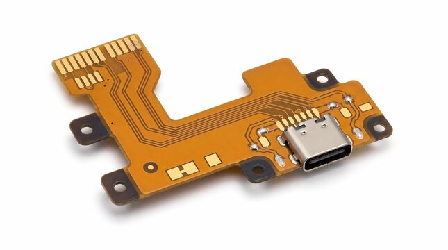 Detailed close up view of a small electronic flexible circuit board with a charging port connector