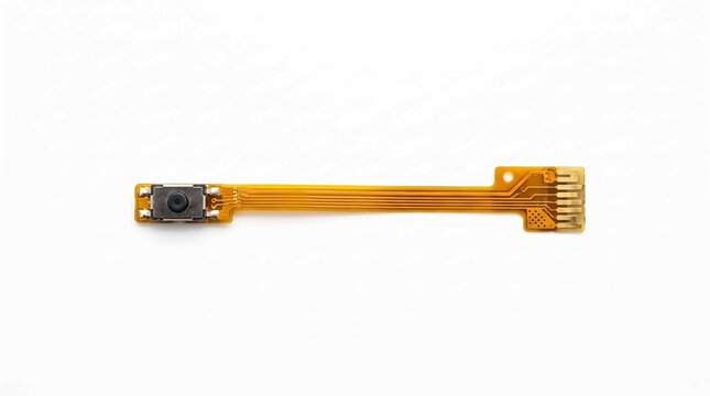 Flexible orange circuit board ribbon cable with a tactile button switch isolated on white background