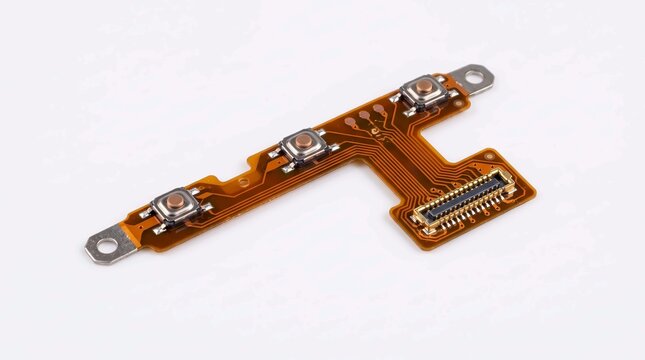 Flexible orange circuit board component with three metallic tactile buttons and a gold connector interface