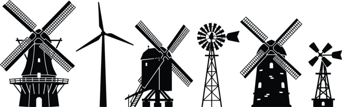 Windmill silhouettes set including traditional dutch windmills modern wind turbine and rustic farm water pump icons