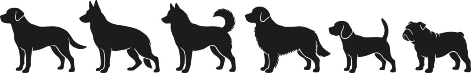 Dog Breeds Silhouette Vector Icons of Labrador, Shepherd, Husky, Retriever, Beagle, and Bulldog © MstMostarina