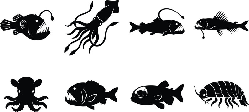 Deep sea creatures black silhouette icons set featuring anglerfish giant squid dumbo octopus viperfish and giant isopod