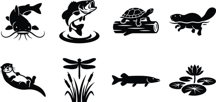Freshwater lake and river wildlife icons set featuring catfish bass turtle beaver otter dragonfly pike and water lily silhouettes