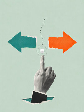 Hand pointing at a button between two torn paper arrows pointing in opposite directions symbolizing decision making and choice