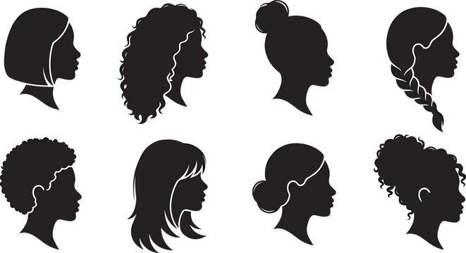 Collection of diverse women profile silhouettes with different hairstyles and hair textures for beauty fashion and salon branding