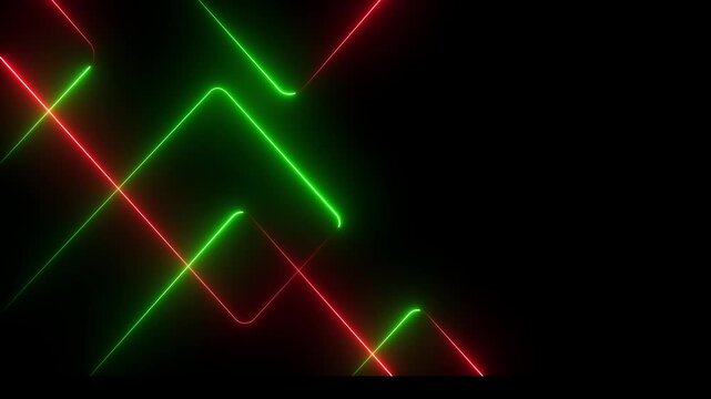 A vibrant abstract background featuring dynamic neon line patterns in shades of green and red . Neon green and red laser lines animation with black background. 4k video