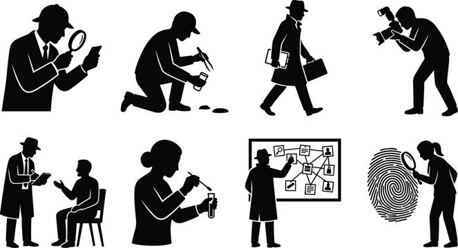 Detective and forensic science investigator silhouettes icons set representing crime scene investigation legal law enforcement and evidence analysis