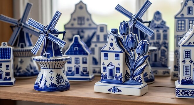 Blue and White Ceramic Dutch Windmill and House Figurines Displayed on Wooden Shelf