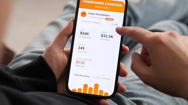 Viewing a fundraising campaign dashboard on a smartphone. The screen displays a 50K dollars goal, 32.5K dollars raised, and 245 donors. Perfect for non-profit apps, donation trackers, and social