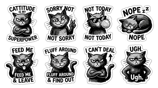 Funny Cat Stickers with Sarcastic Phrases - Digital Art Collection