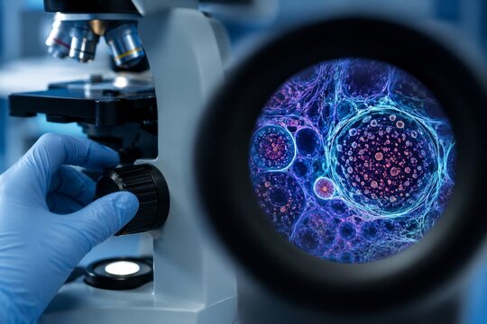 Scientist adjusting microscope to examine virus cell sample. Biological research in medical laboratory. Innovative healthcare technology and microscopic study of organism structure.