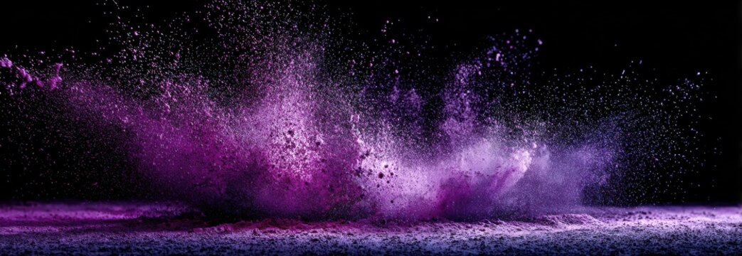 Purple pigment powder explosion on a solid black background with explosion artistic abstract particle creative background contrast festival colorful splatter isolated aesthetic